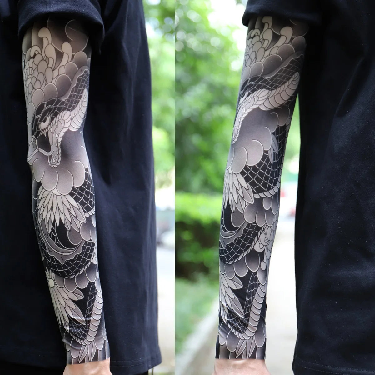 2Pcs Black Snake Tattoo Sleeves Men Women UV Sun Protection Arm Warmers Outdoor Cycling Sports Fake Tattoo Full Arm Sleeves