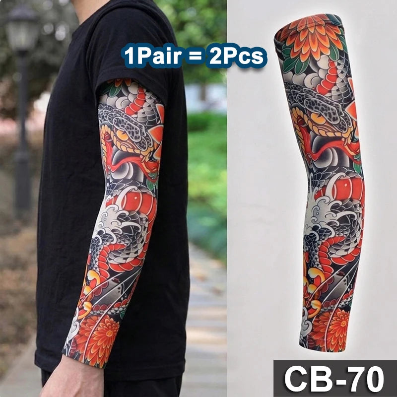 2Pcs Black Snake Tattoo Sleeves Men Women UV Sun Protection Arm Warmers Outdoor Cycling Sports Fake Tattoo Full Arm Sleeves