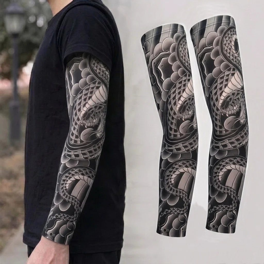 2Pcs Black Snake Tattoo Sleeves Men Women UV Sun Protection Arm Warmers Outdoor Cycling Sports Fake Tattoo Full Arm Sleeves