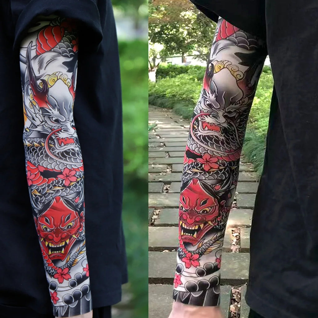 2Pcs Black Snake Tattoo Sleeves Men Women UV Sun Protection Arm Warmers Outdoor Cycling Sports Fake Tattoo Full Arm Sleeves