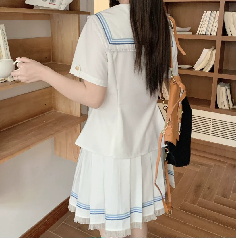 Large Size Jk College White Lace Navy Collar Short Sleeve Shirt Summer Sweet Girl Fashion High Waist A-line Pleated Skirt Sets
