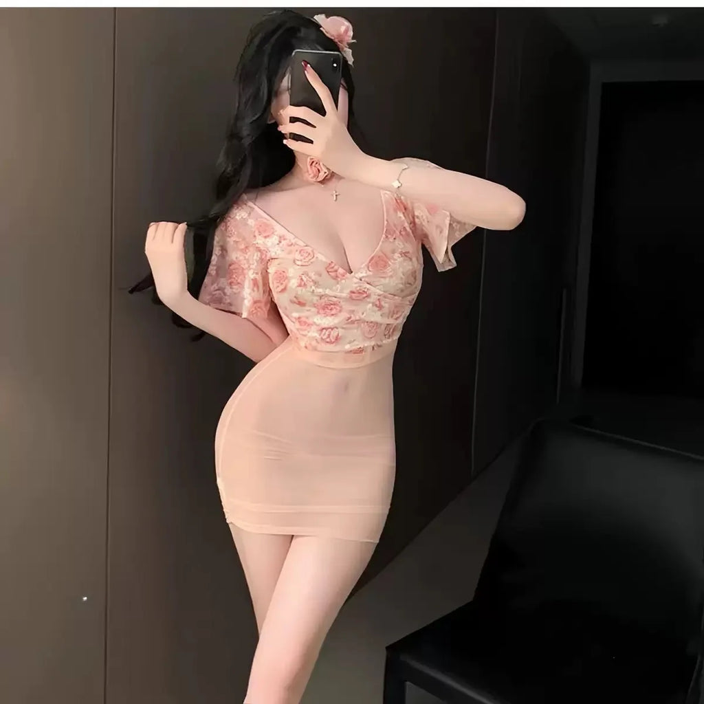 Japanese Mesh Perspective Cosplay Office Secretary OL Uniform Sexy Backless Hip Wrap Skirt Set Nightclub Bar Lingerie Baby Doll