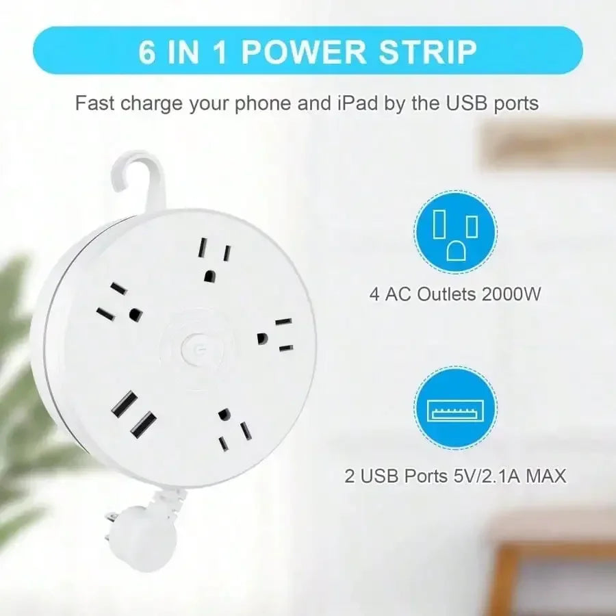 Retractable Extension Cord, Travel Power Strip with 4 AC Outlets, 2 USB Ports, Compact and Portable Charging Station