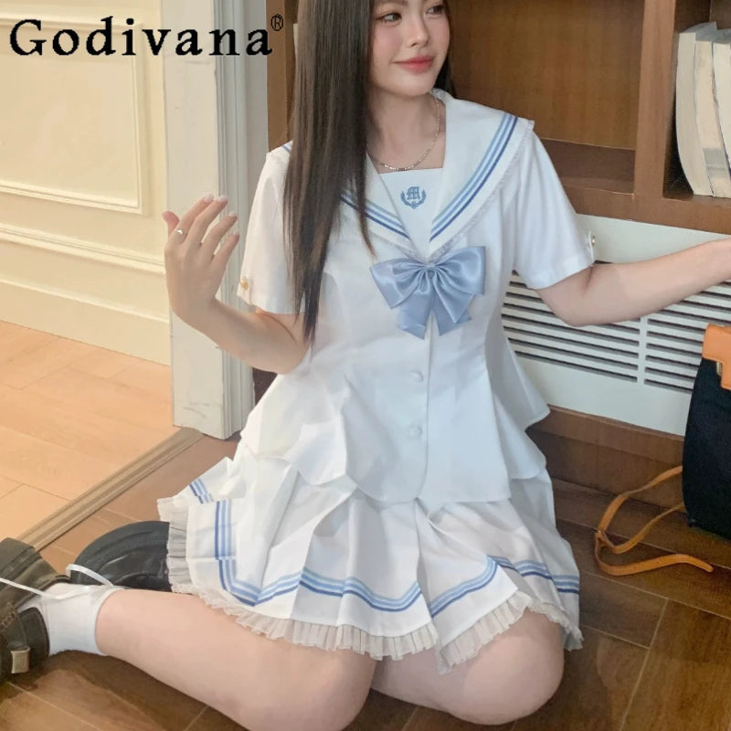 Large Size Jk College White Lace Navy Collar Short Sleeve Shirt Summer Sweet Girl Fashion High Waist A-line Pleated Skirt Sets