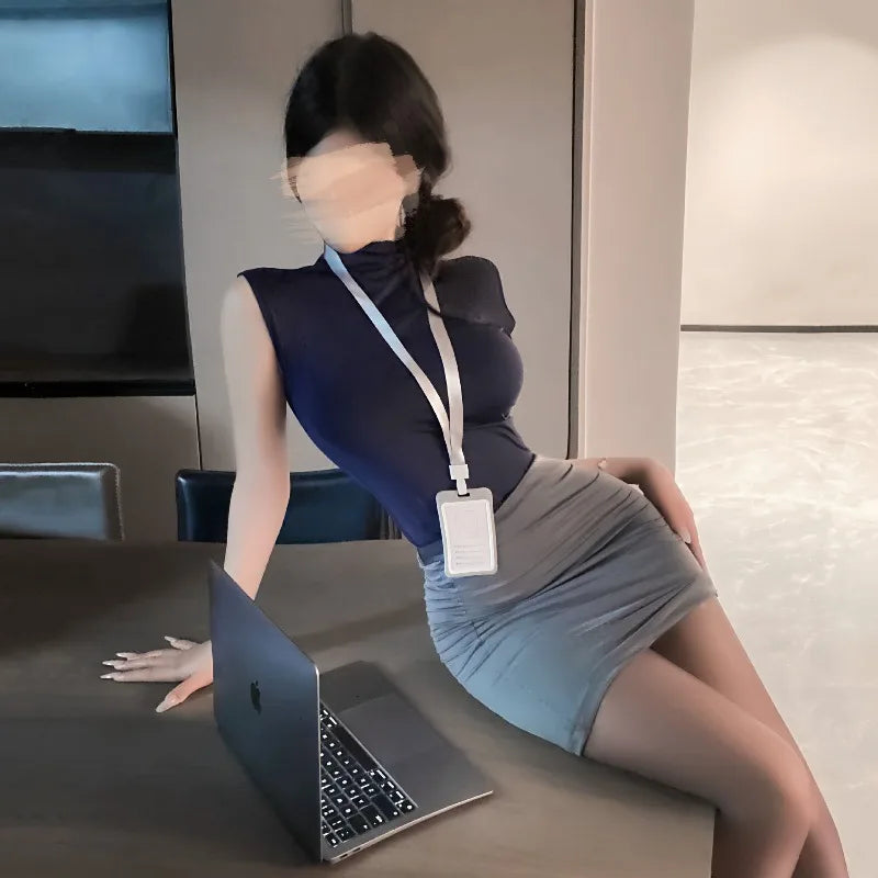 Hot Girl Pure Desire Style Skirts Cosplay Secretary Flight Attendant High Waist Bag Buttocks Two Piece Skirt Nightclub Uniform