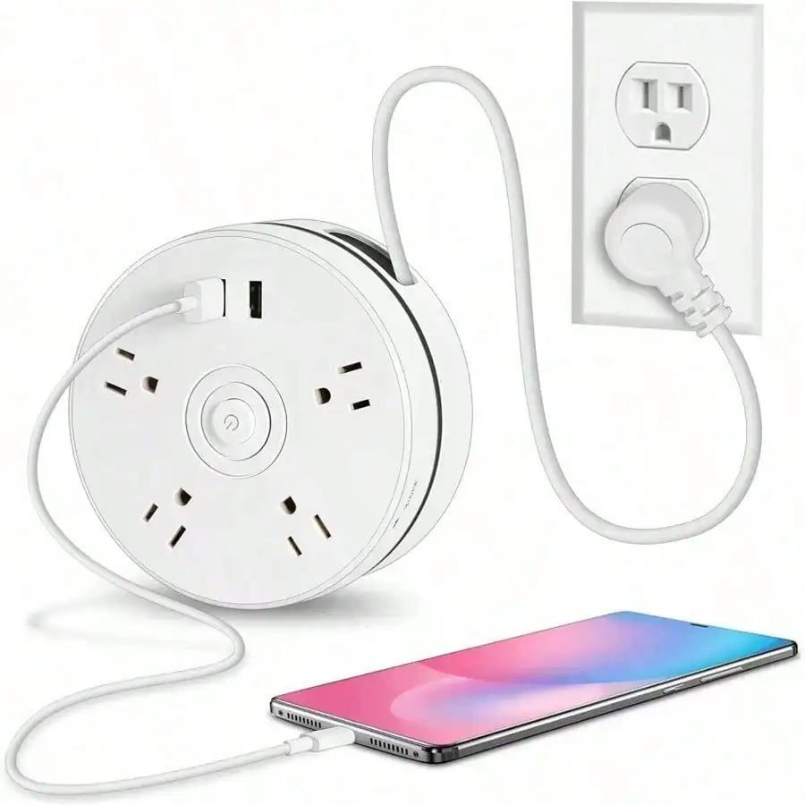 Retractable Extension Cord, Travel Power Strip with 4 AC Outlets, 2 USB Ports, Compact and Portable Charging Station