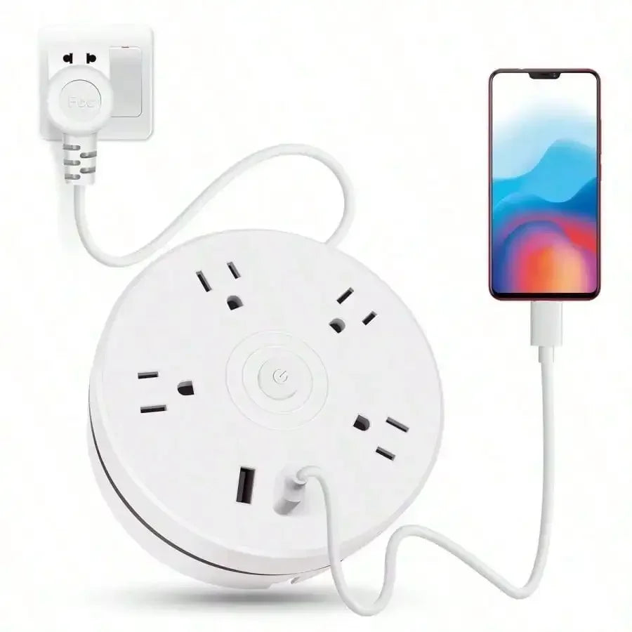 Retractable Extension Cord, Travel Power Strip with 4 AC Outlets, 2 USB Ports, Compact and Portable Charging Station