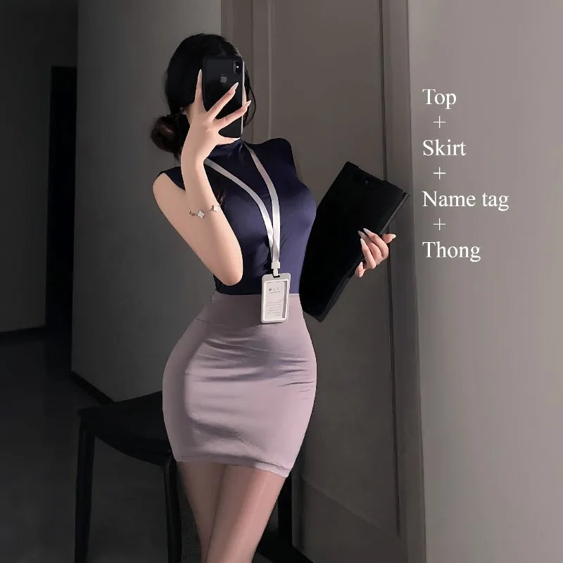 Hot Girl Pure Desire Style Skirts Cosplay Secretary Flight Attendant High Waist Bag Buttocks Two Piece Skirt Nightclub Uniform