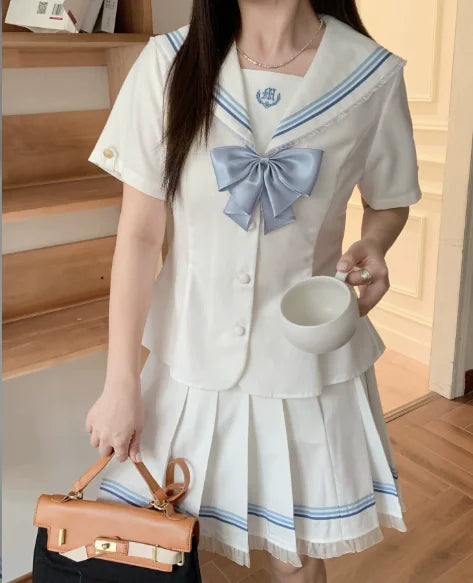 Large Size Jk College White Lace Navy Collar Short Sleeve Shirt Summer Sweet Girl Fashion High Waist A-line Pleated Skirt Sets