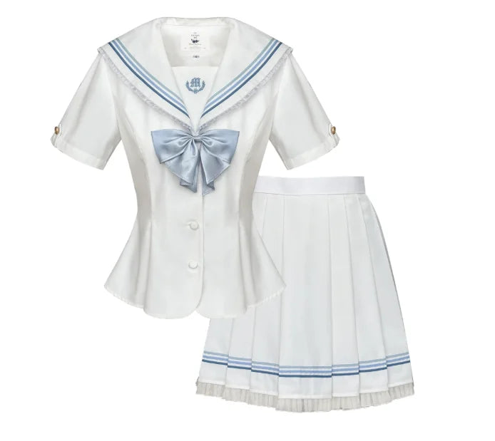 Large Size Jk College White Lace Navy Collar Short Sleeve Shirt Summer Sweet Girl Fashion High Waist A-line Pleated Skirt Sets