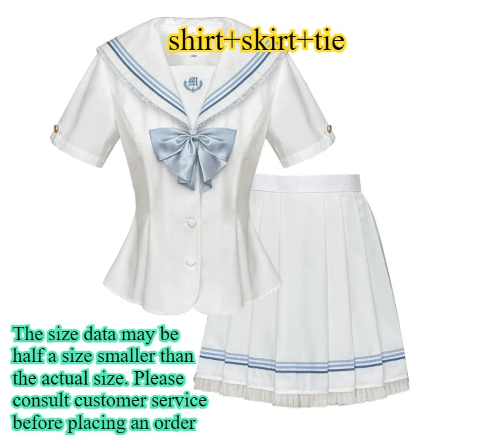Large Size Jk College White Lace Navy Collar Short Sleeve Shirt Summer Sweet Girl Fashion High Waist A-line Pleated Skirt Sets