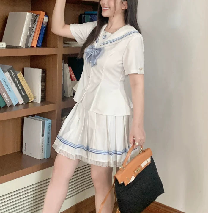 Large Size Jk College White Lace Navy Collar Short Sleeve Shirt Summer Sweet Girl Fashion High Waist A-line Pleated Skirt Sets