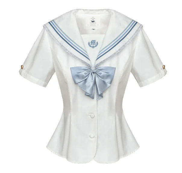 Large Size Jk College White Lace Navy Collar Short Sleeve Shirt Summer Sweet Girl Fashion High Waist A-line Pleated Skirt Sets