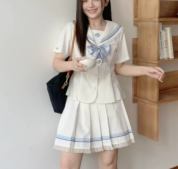 Large Size Jk College White Lace Navy Collar Short Sleeve Shirt Summer Sweet Girl Fashion High Waist A-line Pleated Skirt Sets
