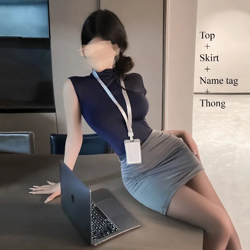 Hot Girl Pure Desire Style Skirts Cosplay Secretary Flight Attendant High Waist Bag Buttocks Two Piece Skirt Nightclub Uniform