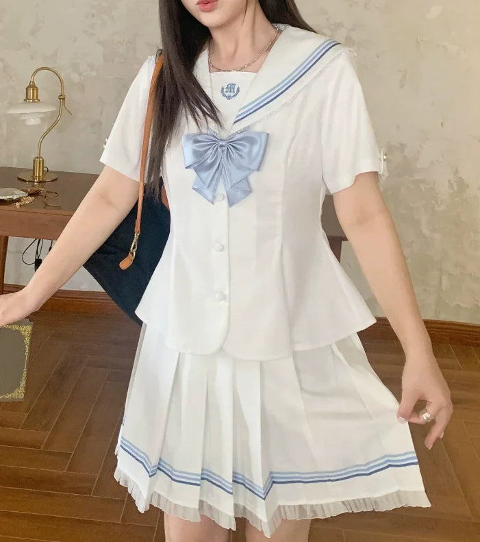 Large Size Jk College White Lace Navy Collar Short Sleeve Shirt Summer Sweet Girl Fashion High Waist A-line Pleated Skirt Sets