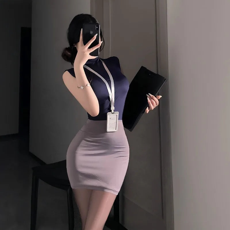 Hot Girl Pure Desire Style Skirts Cosplay Secretary Flight Attendant High Waist Bag Buttocks Two Piece Skirt Nightclub Uniform