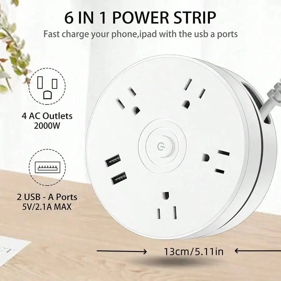 Retractable Extension Cord, Travel Power Strip with 4 AC Outlets, 2 USB Ports, Compact and Portable Charging Station