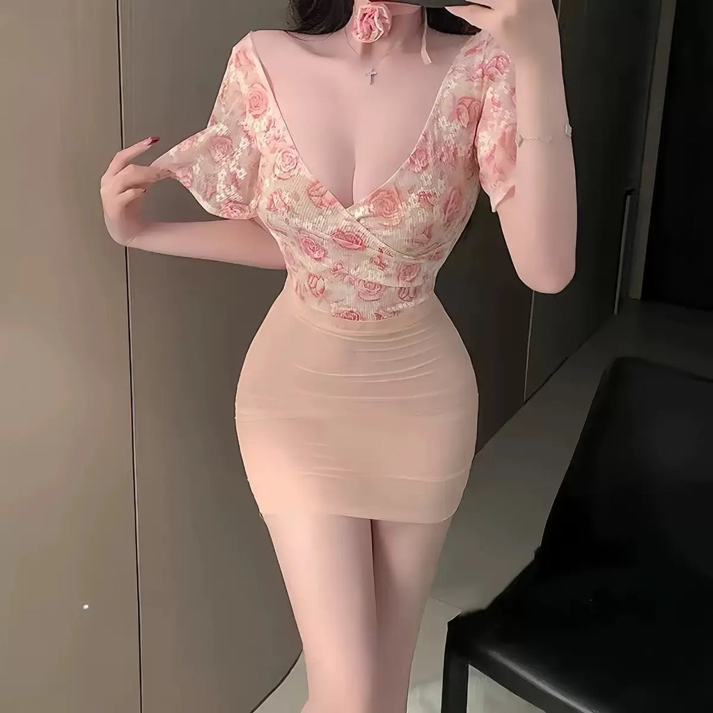 Japanese Mesh Perspective Cosplay Office Secretary OL Uniform Sexy Backless Hip Wrap Skirt Set Nightclub Bar Lingerie Baby Doll