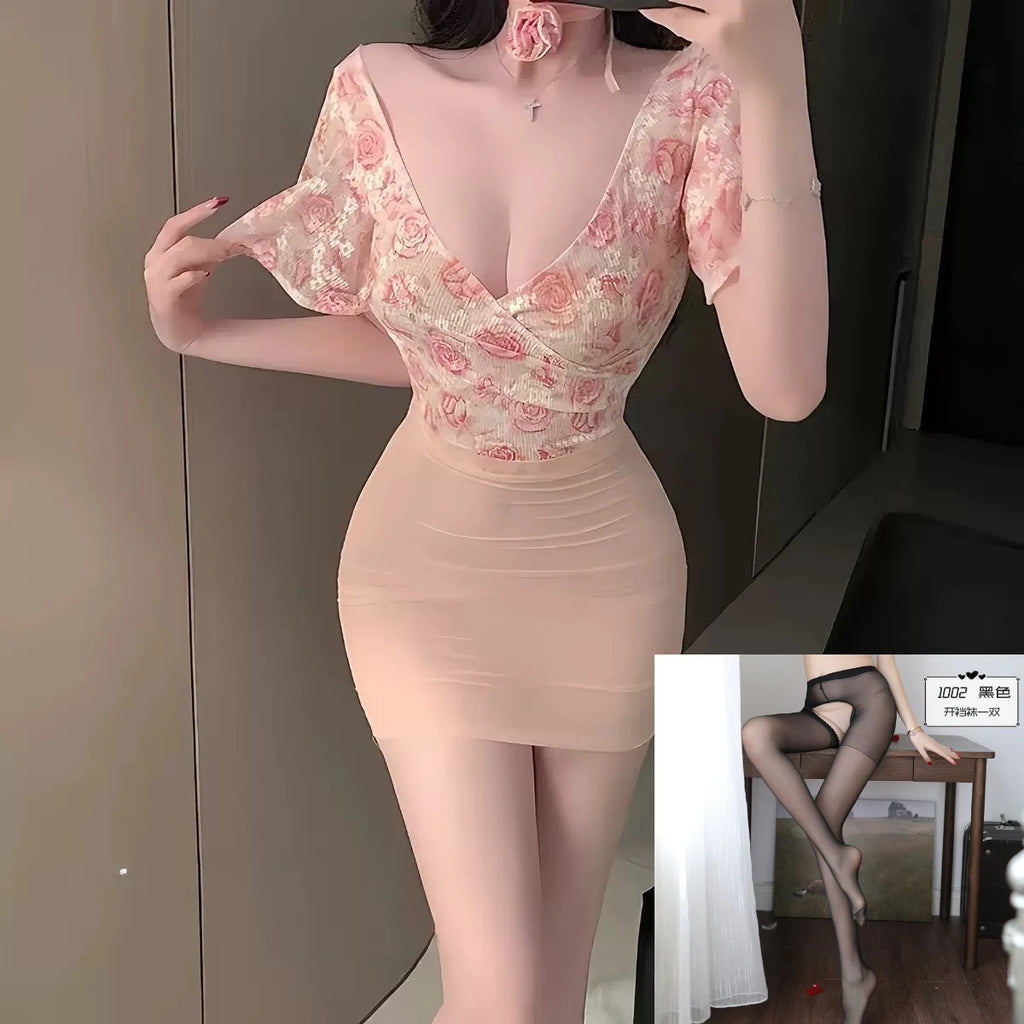 Japanese Mesh Perspective Cosplay Office Secretary OL Uniform Sexy Backless Hip Wrap Skirt Set Nightclub Bar Lingerie Baby Doll