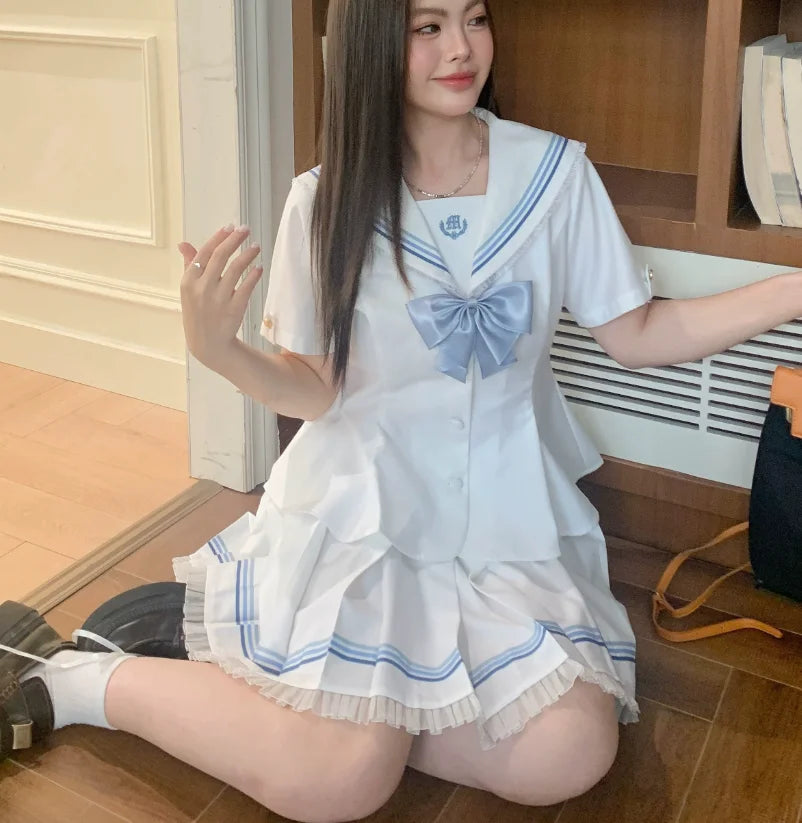 Large Size Jk College White Lace Navy Collar Short Sleeve Shirt Summer Sweet Girl Fashion High Waist A-line Pleated Skirt Sets